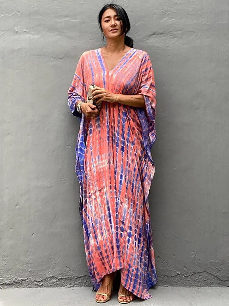 Bohemian Caftan, Bohemian Kaftan, Retro Striped Tie Dye Women Swimsuit Cover Up Bikini Wrap Beach Dress, Beachwear Kimono Kaftan