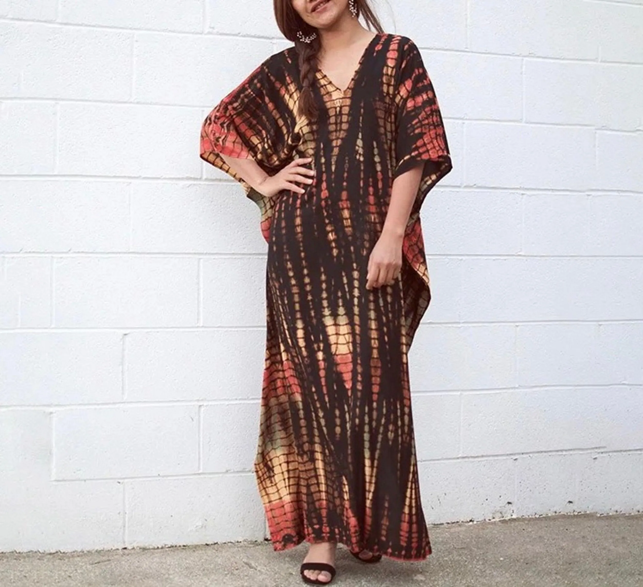 Bohemian Kaftan Dress, Boho Retro Striped Tie Dye Women Swimsuit Cover Up, Beach Dress Kaftan