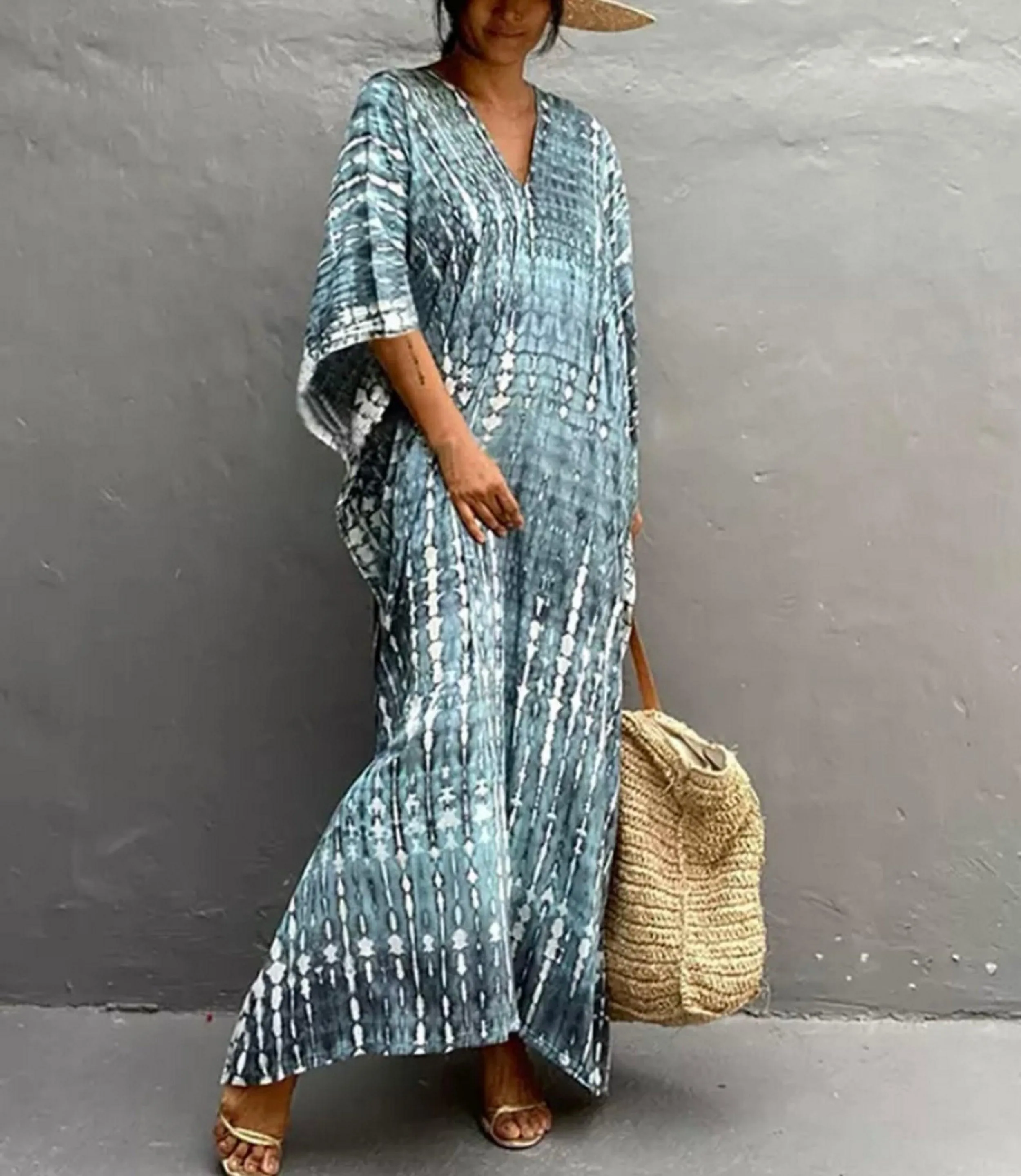 Bohemian Kaftan Dress, Boho Retro Striped Tie Dye Women Swimsuit Cover Up, Beach Dress Kaftan