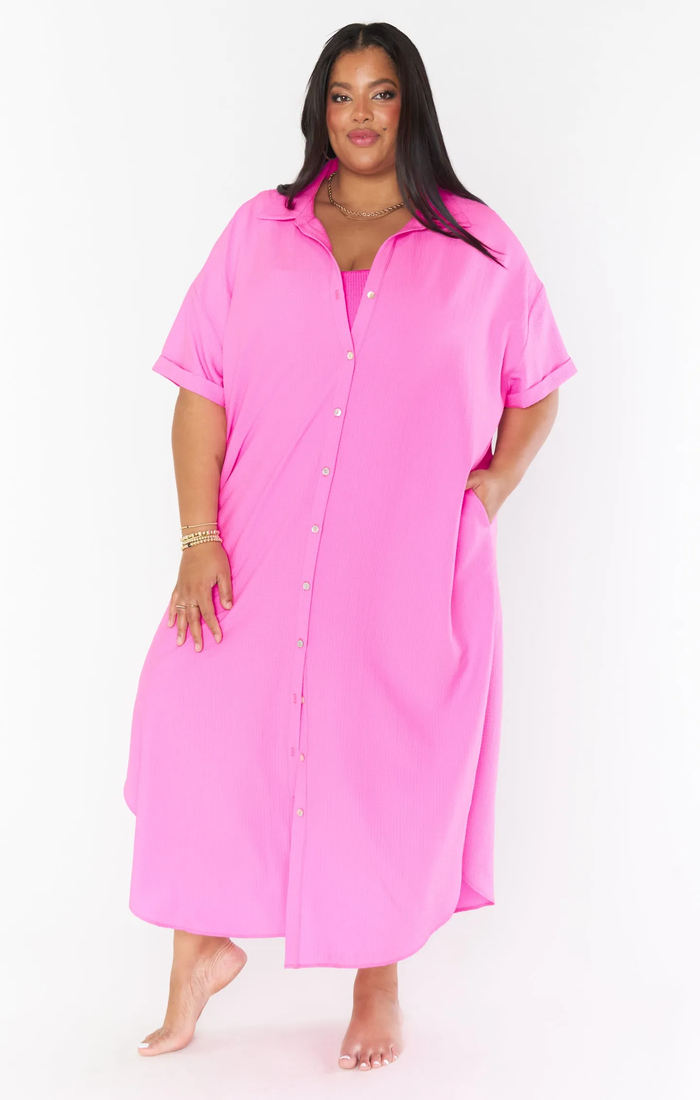 Buoy Button Down Dress ~ Hot Pink Crinkle Flow