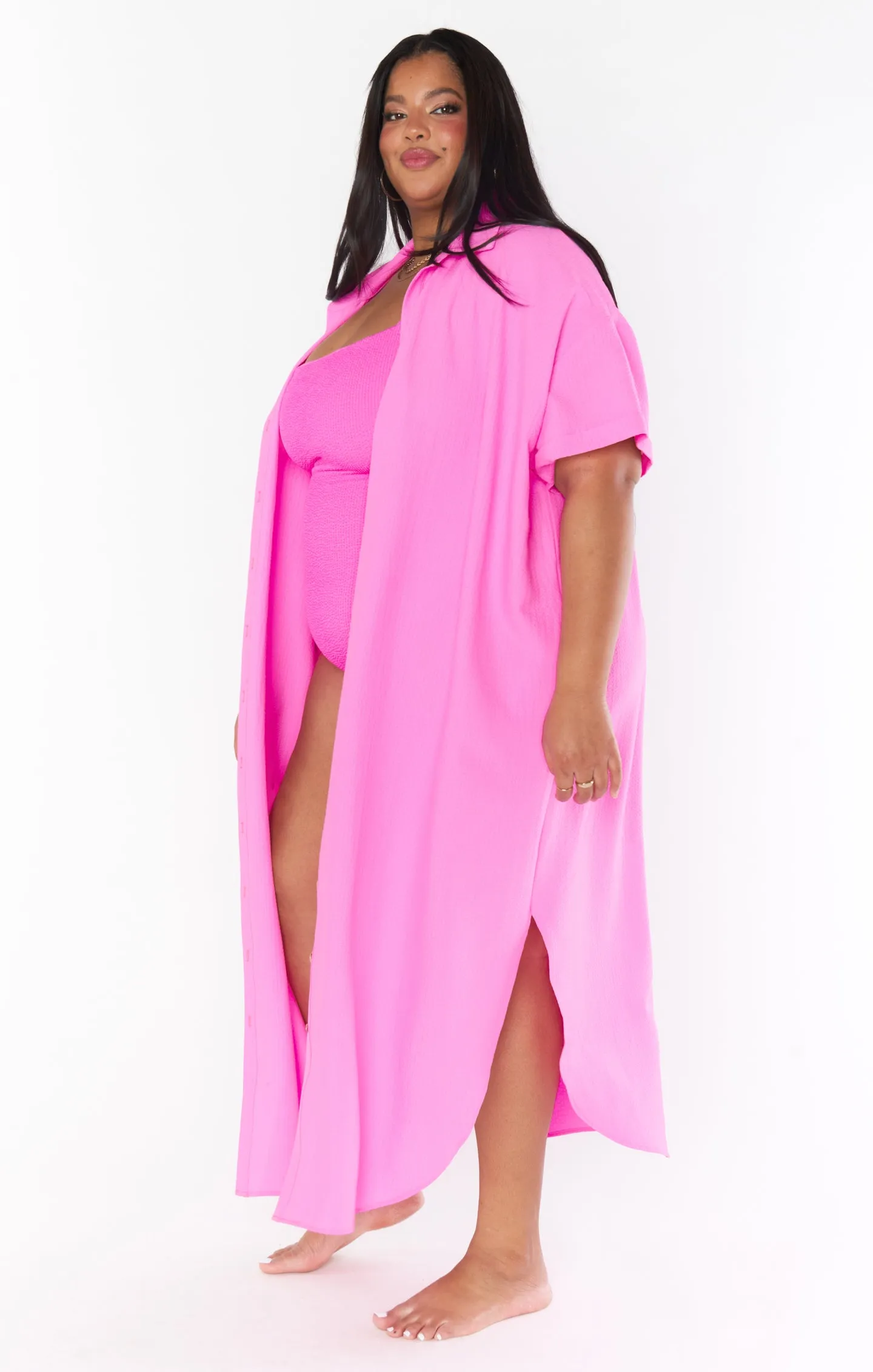 Buoy Button Down Dress ~ Hot Pink Crinkle Flow