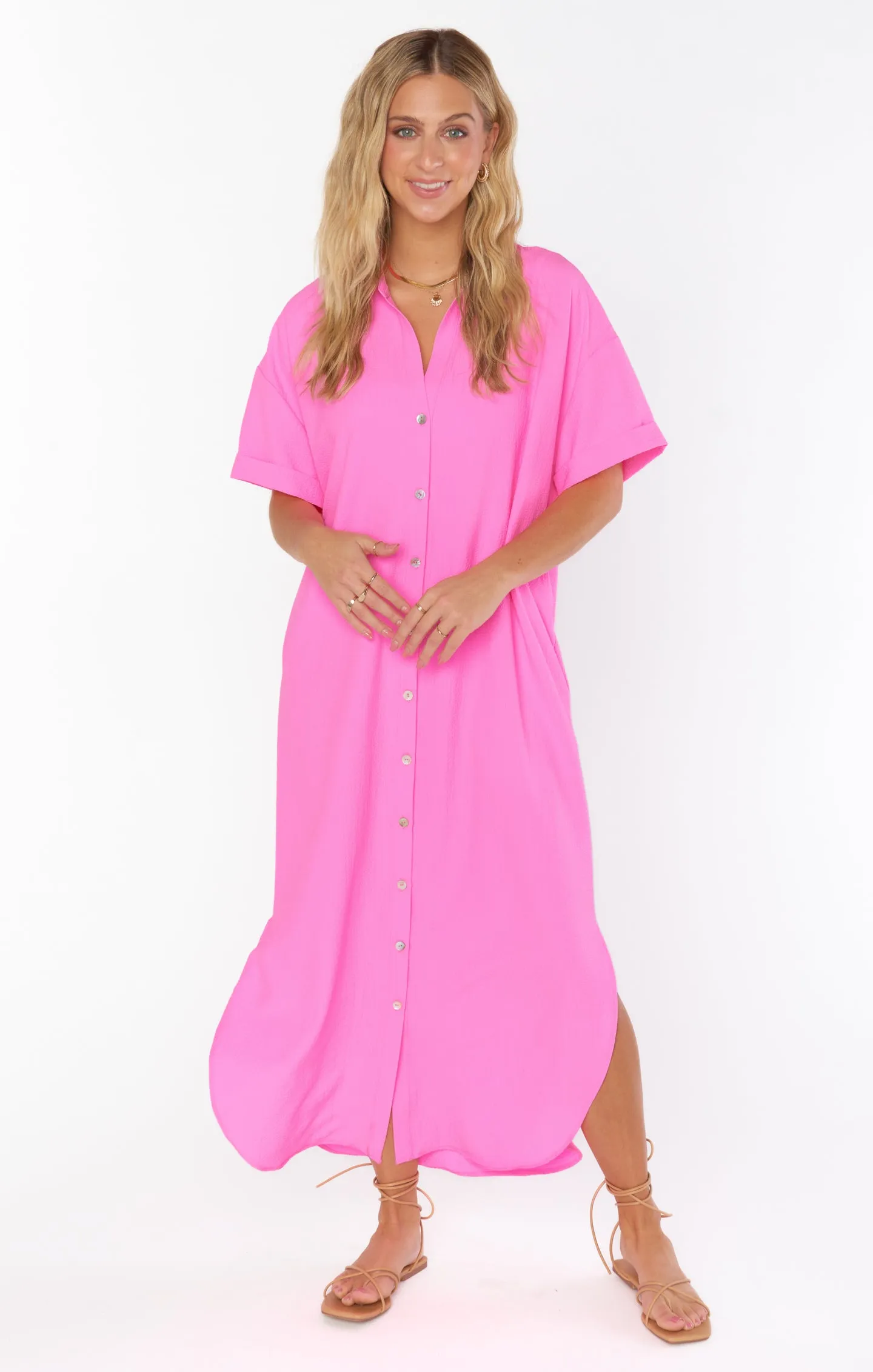 Buoy Button Down Dress ~ Hot Pink Crinkle Flow