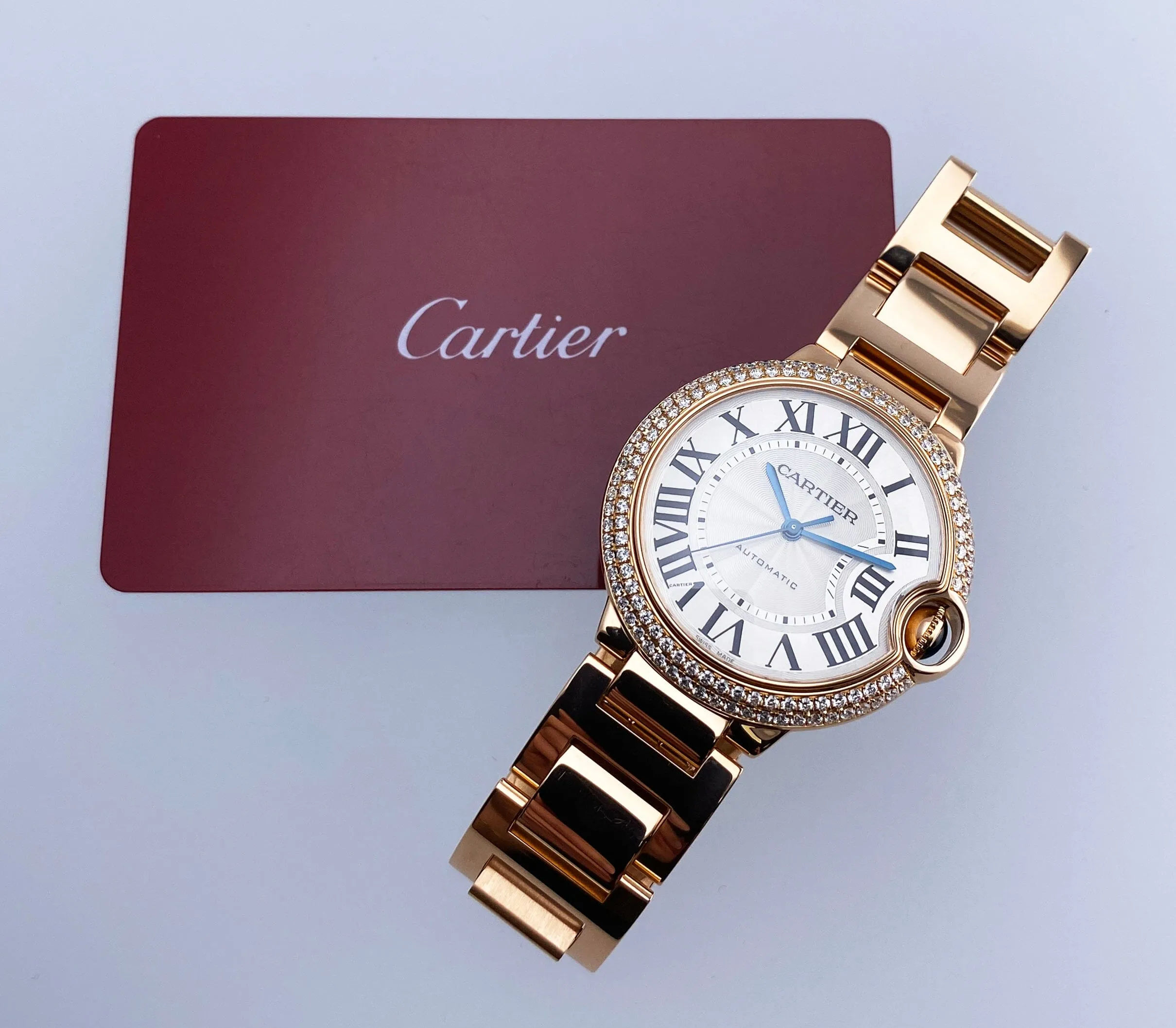 Cartier Ballon Bleu WE9005Z3 Diamond Rose Gold Mens Watch Box Papers