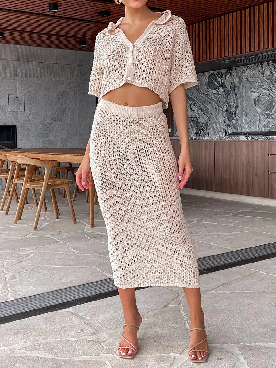 Casual Crochet Knit High Waist Slit Long Skirt