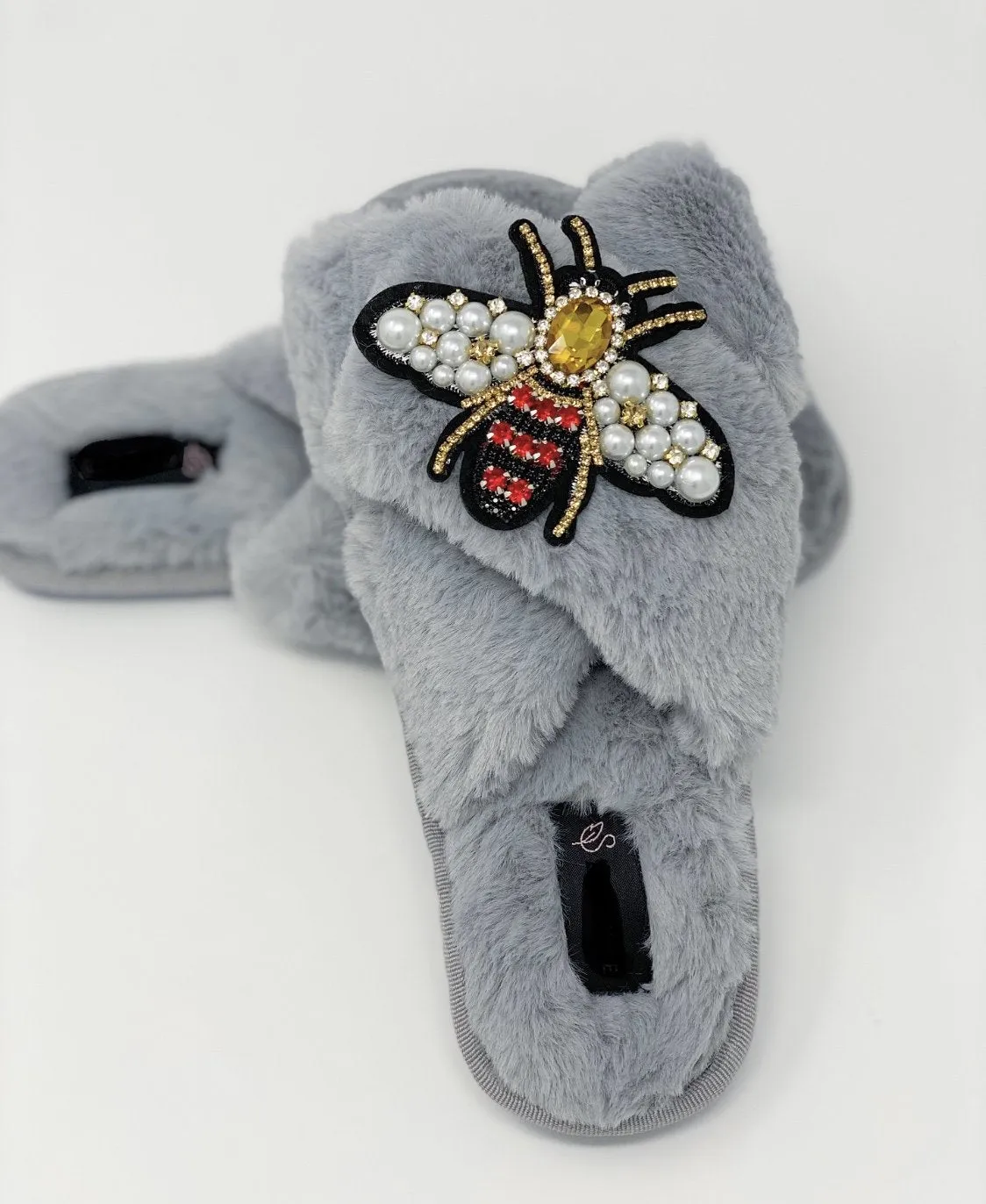 Crystal Grey Fluffy Slippers with Queen Bee Embellishment