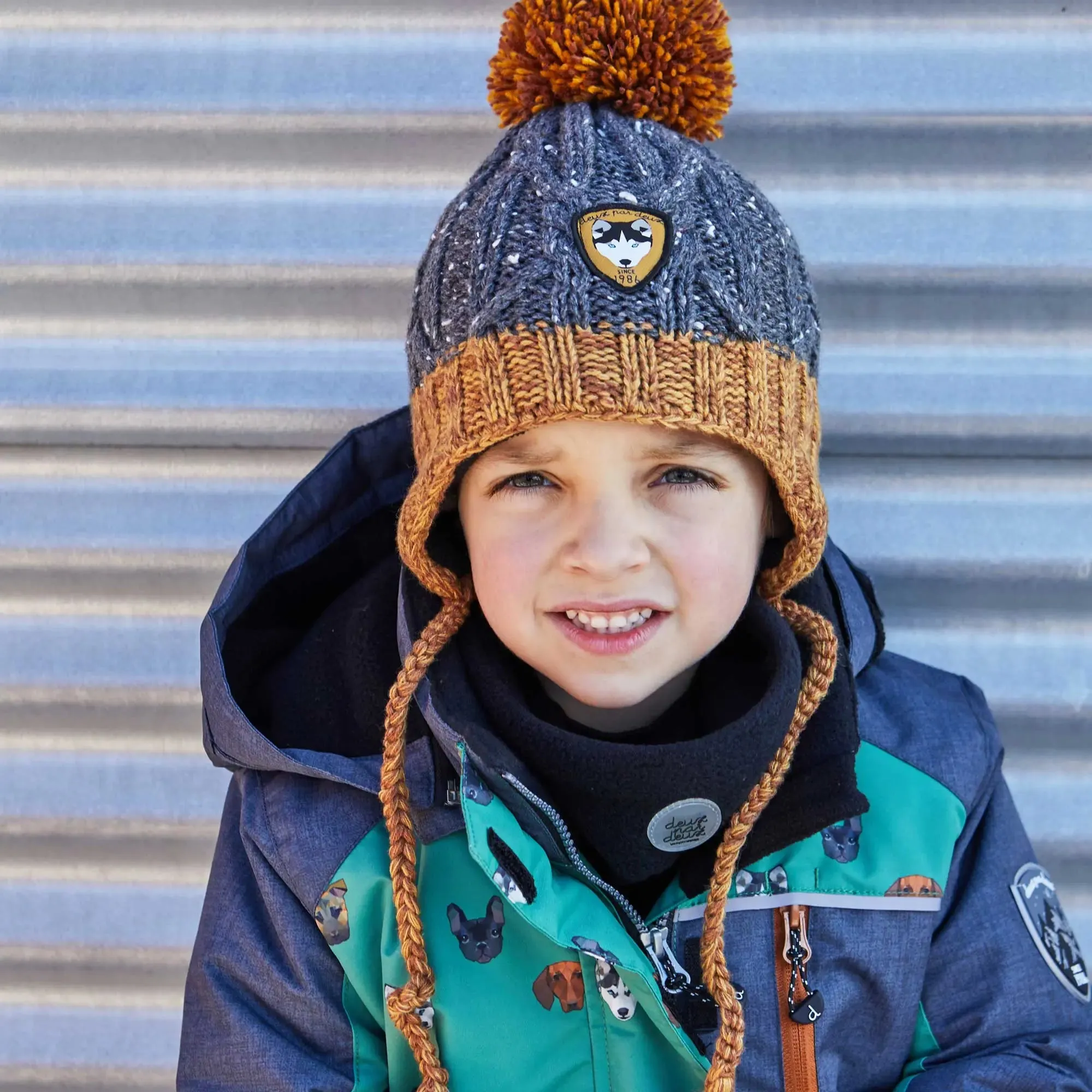 Earflap Knit Hat Grey And Yellow | DEUX PAR DEUX