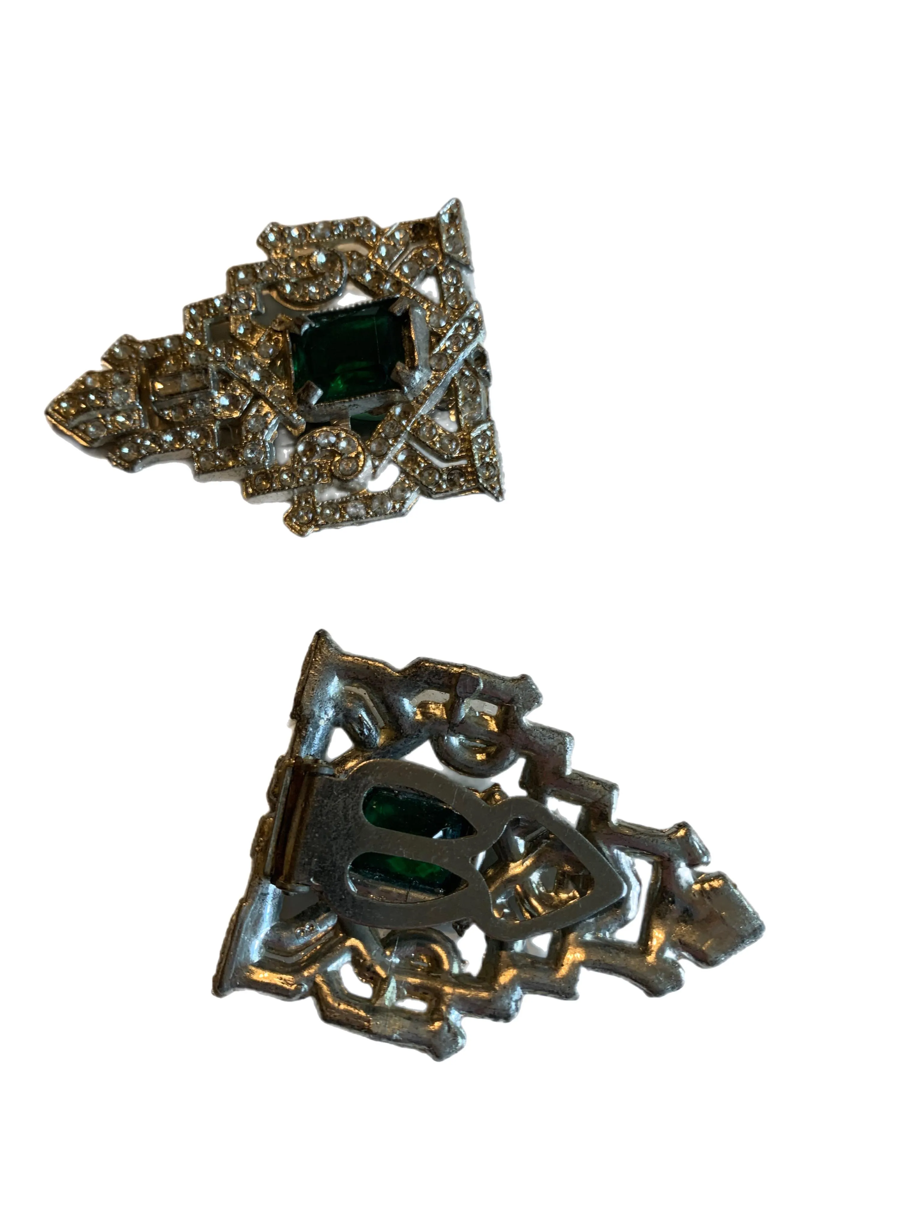 Emerald Green Glass and Rhinestones Set of Fur Clips circa 1930s