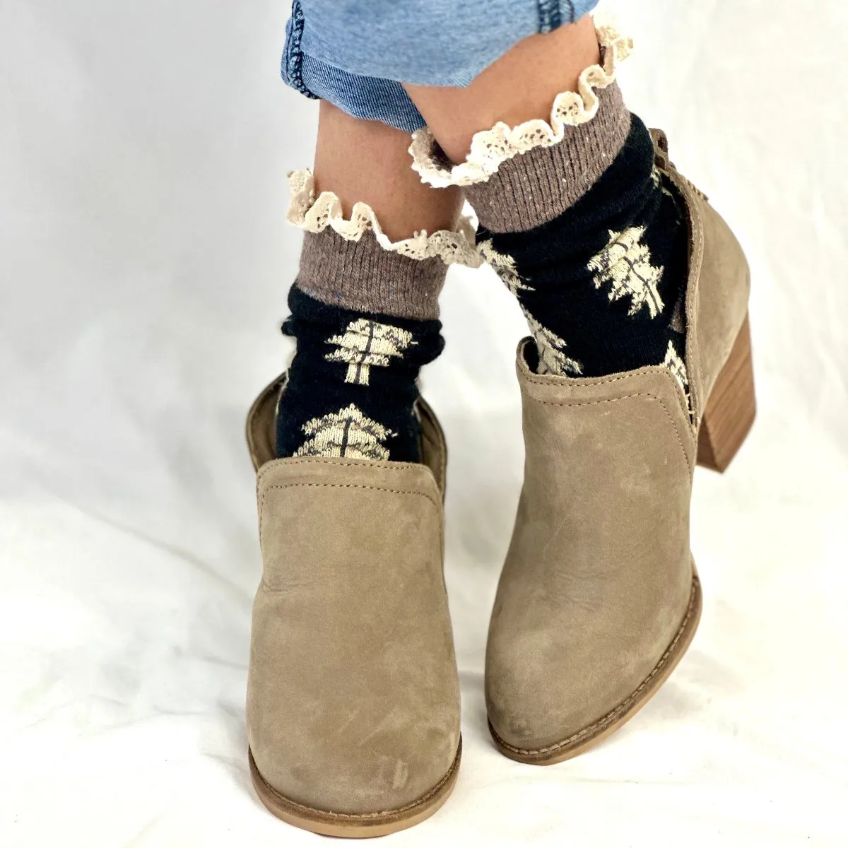 FALL LEAF lace topped socks - black