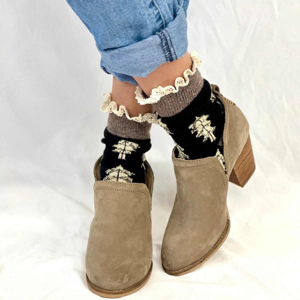 FALL LEAF lace topped socks - black