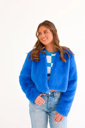 FAUX FUR CROPPED JACKET IN ROYAL