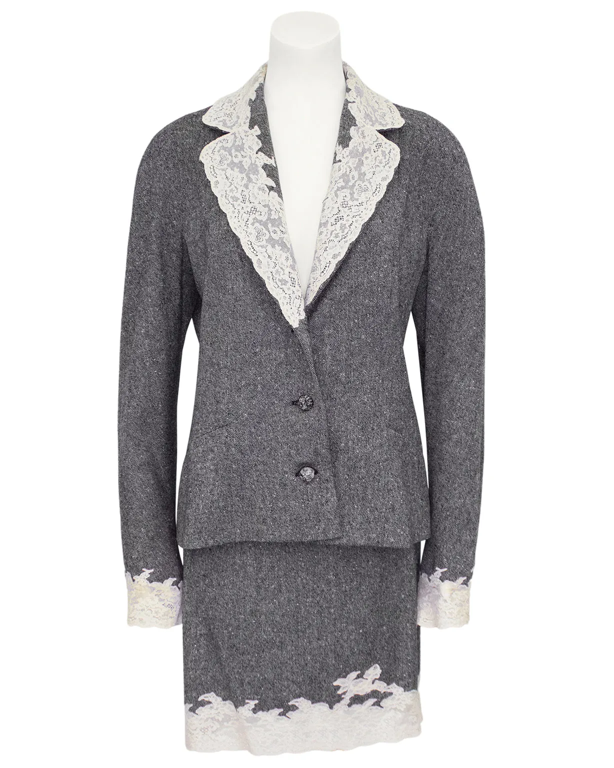 Grey Fall/Winter 1998 Wool Tweed Skirt Suit with Cream Lace