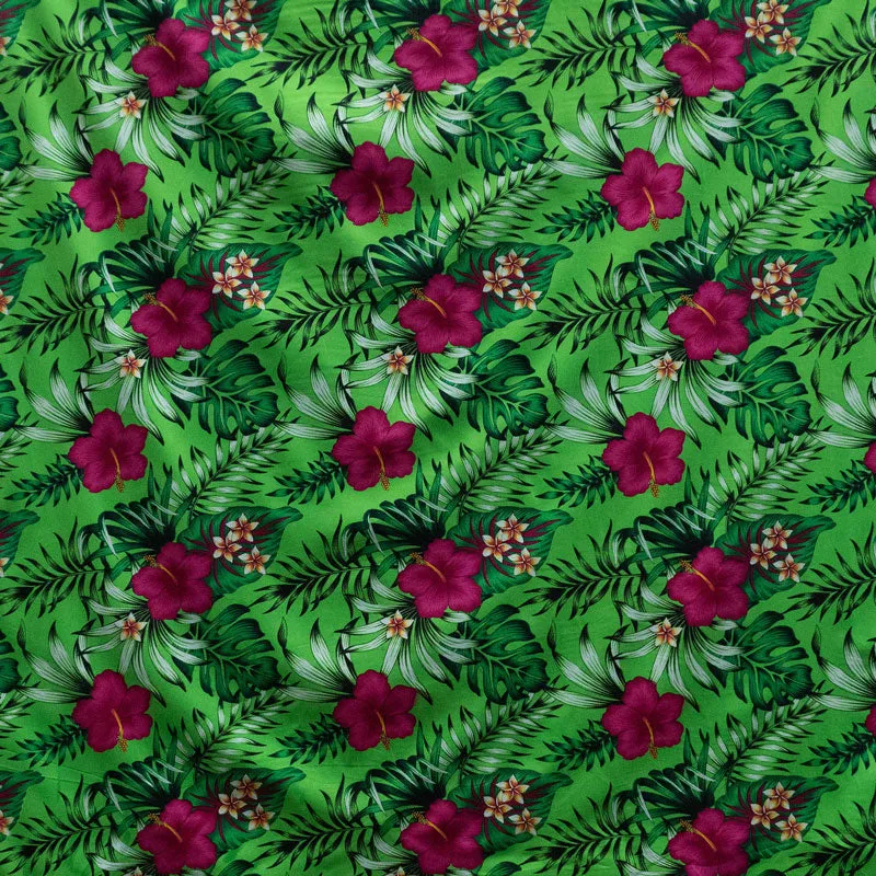 Hibiscus Plumeria Tropical Leaves All Over Design Fabric | Cotton