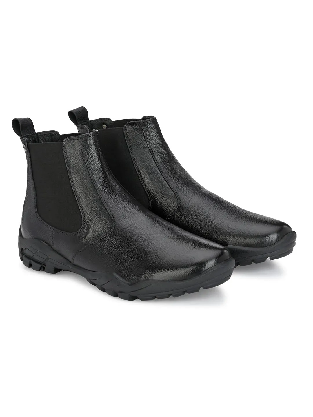 Hitz Men's Black Leather Slip-On Ankle Boot Shoes