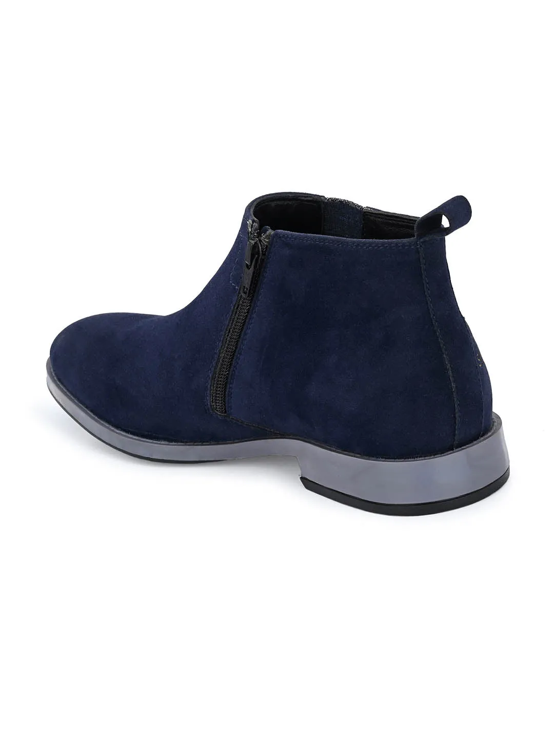 Hitz Men's Blue Leather Ankle Boot Shoes with Zip Closure