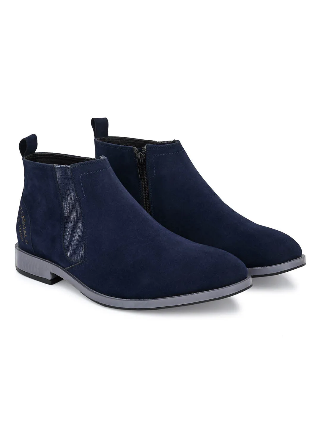 Hitz Men's Blue Leather Ankle Boot Shoes with Zip Closure