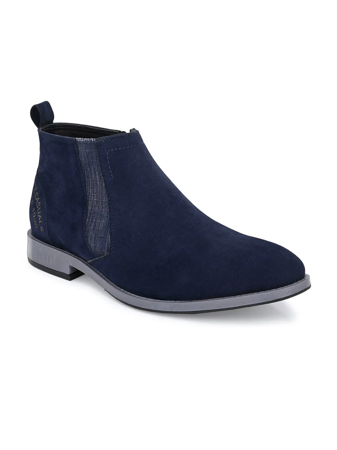 Hitz Men's Blue Leather Ankle Boot Shoes with Zip Closure