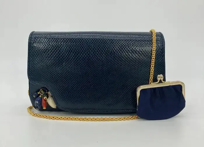 Judith Leiber Navy Lizard Gemstone Beaded Clutch