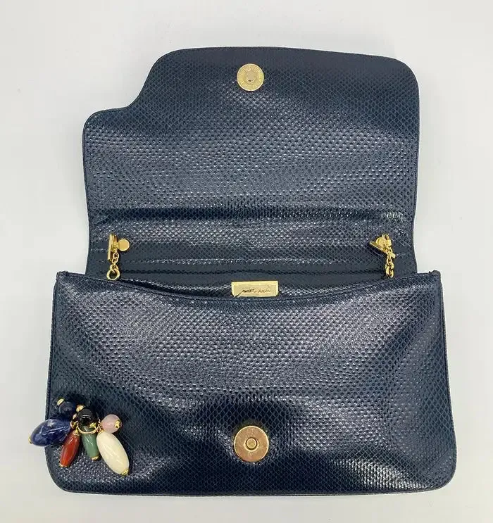 Judith Leiber Navy Lizard Gemstone Beaded Clutch