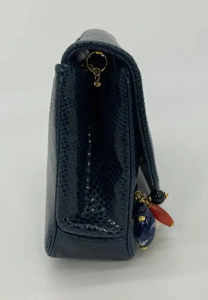 Judith Leiber Navy Lizard Gemstone Beaded Clutch