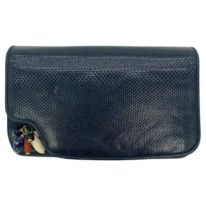 Judith Leiber Navy Lizard Gemstone Beaded Clutch