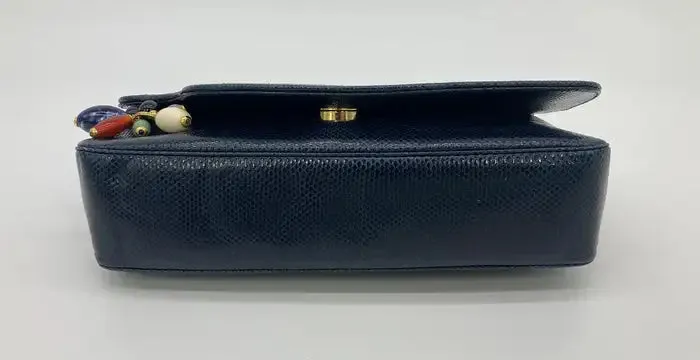 Judith Leiber Navy Lizard Gemstone Beaded Clutch