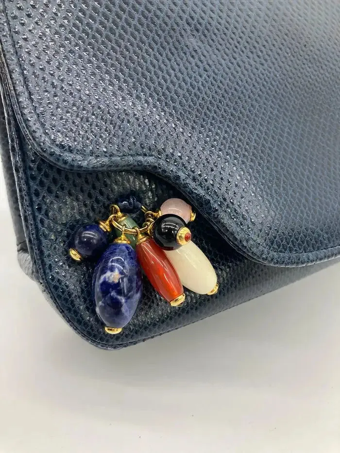 Judith Leiber Navy Lizard Gemstone Beaded Clutch