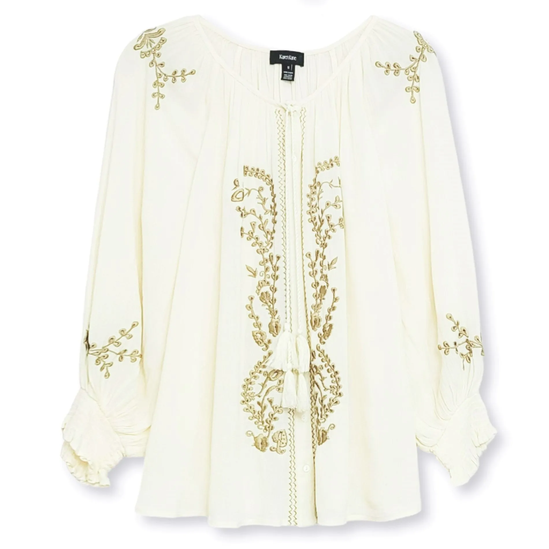 KAREN KANE Plus Floral Embroidered Tassels Button Front Peasant Blouse Top