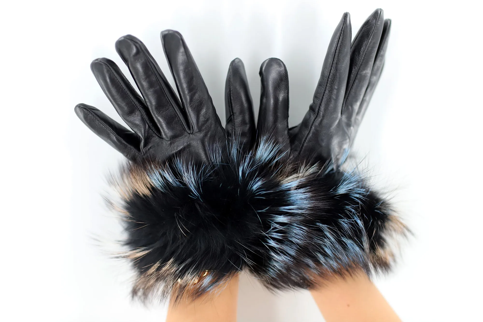 Leather Gloves with Silver Fox Fur - Black/Brown