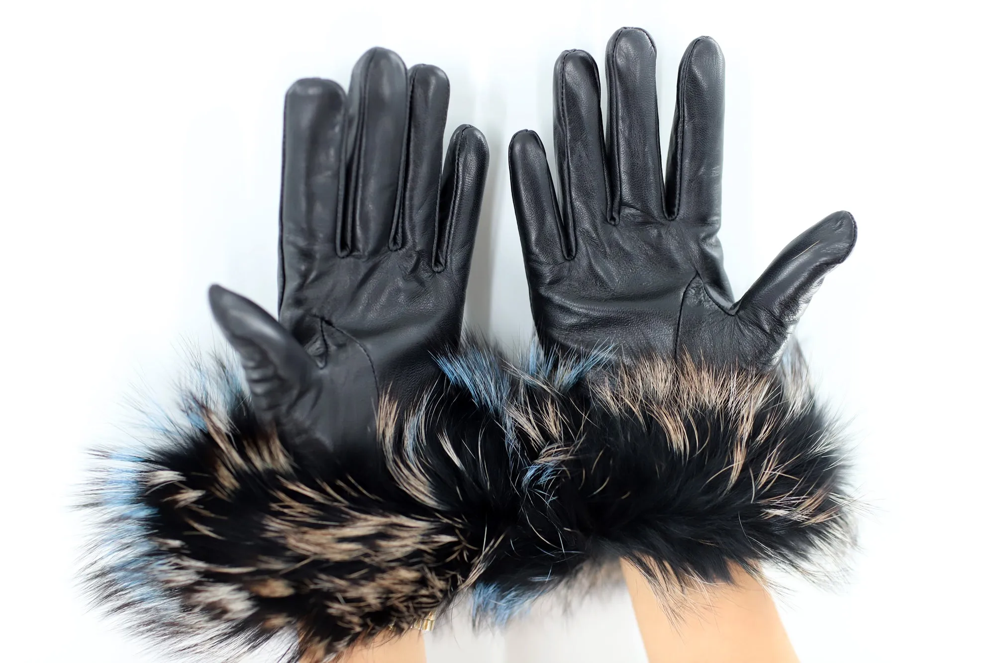 Leather Gloves with Silver Fox Fur - Black/Brown