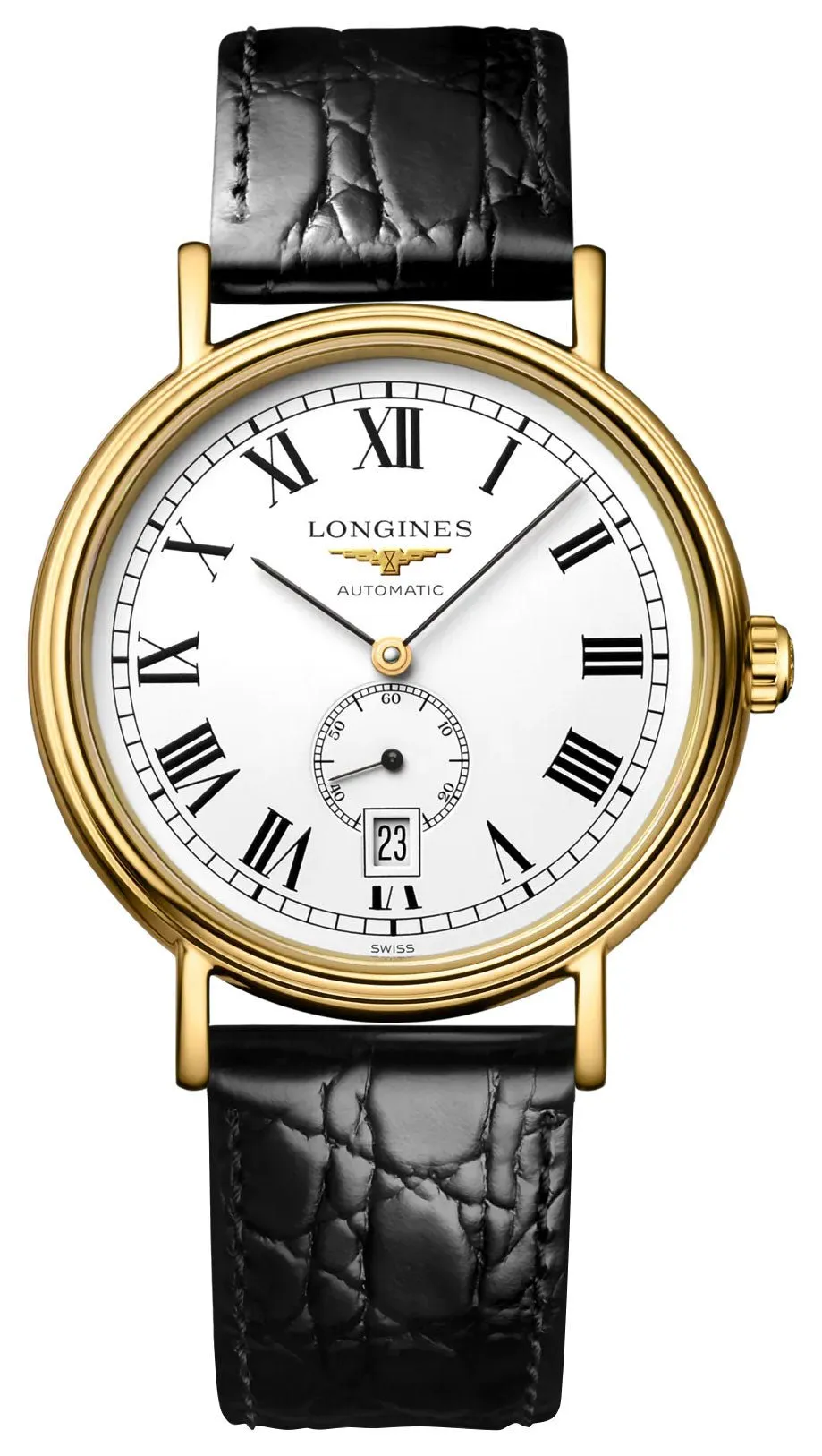 Longines Presence Automatic Yellow Gold PVD White Dial Black Leather Strap Date Mens Watch L4.904.2.11.2