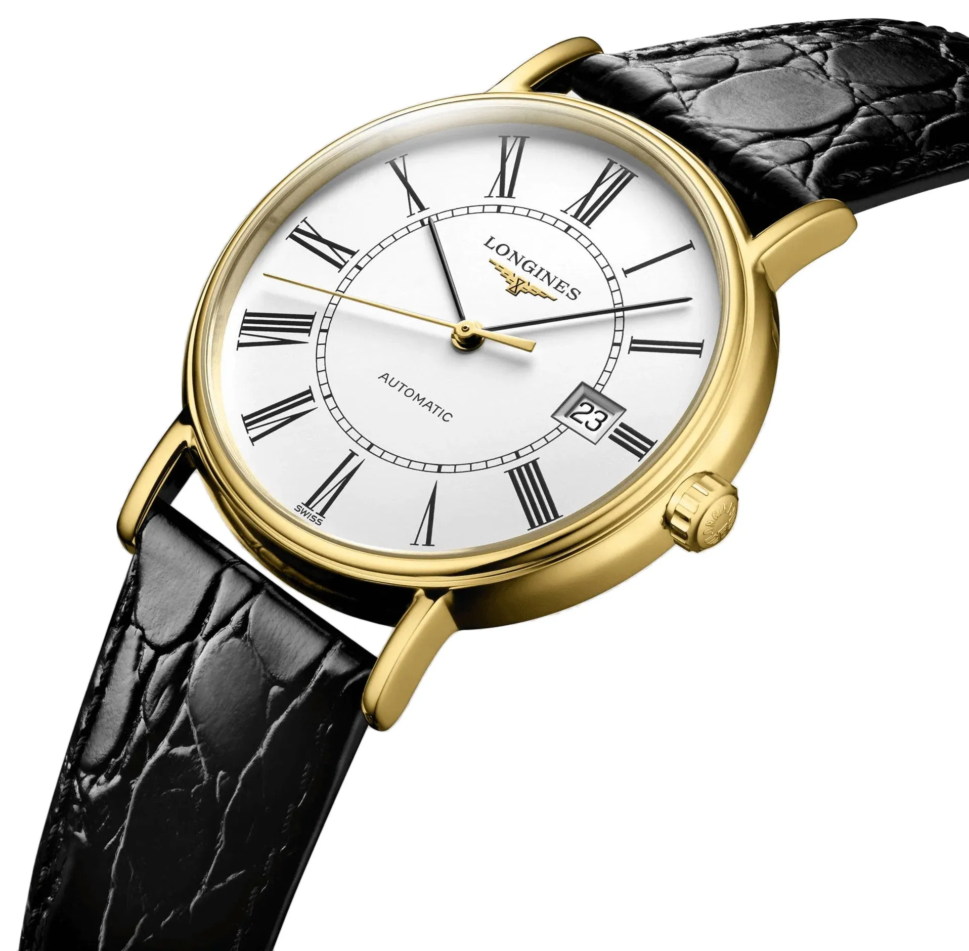 Longines Presence Automatic Yellow Gold PVD White Dial Black Leather Strap Date Mens Watch L4.921.2.11.2