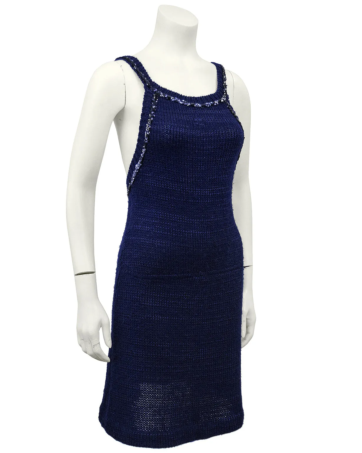 Navy Blue Knit Halter Dress with Sequin Trim