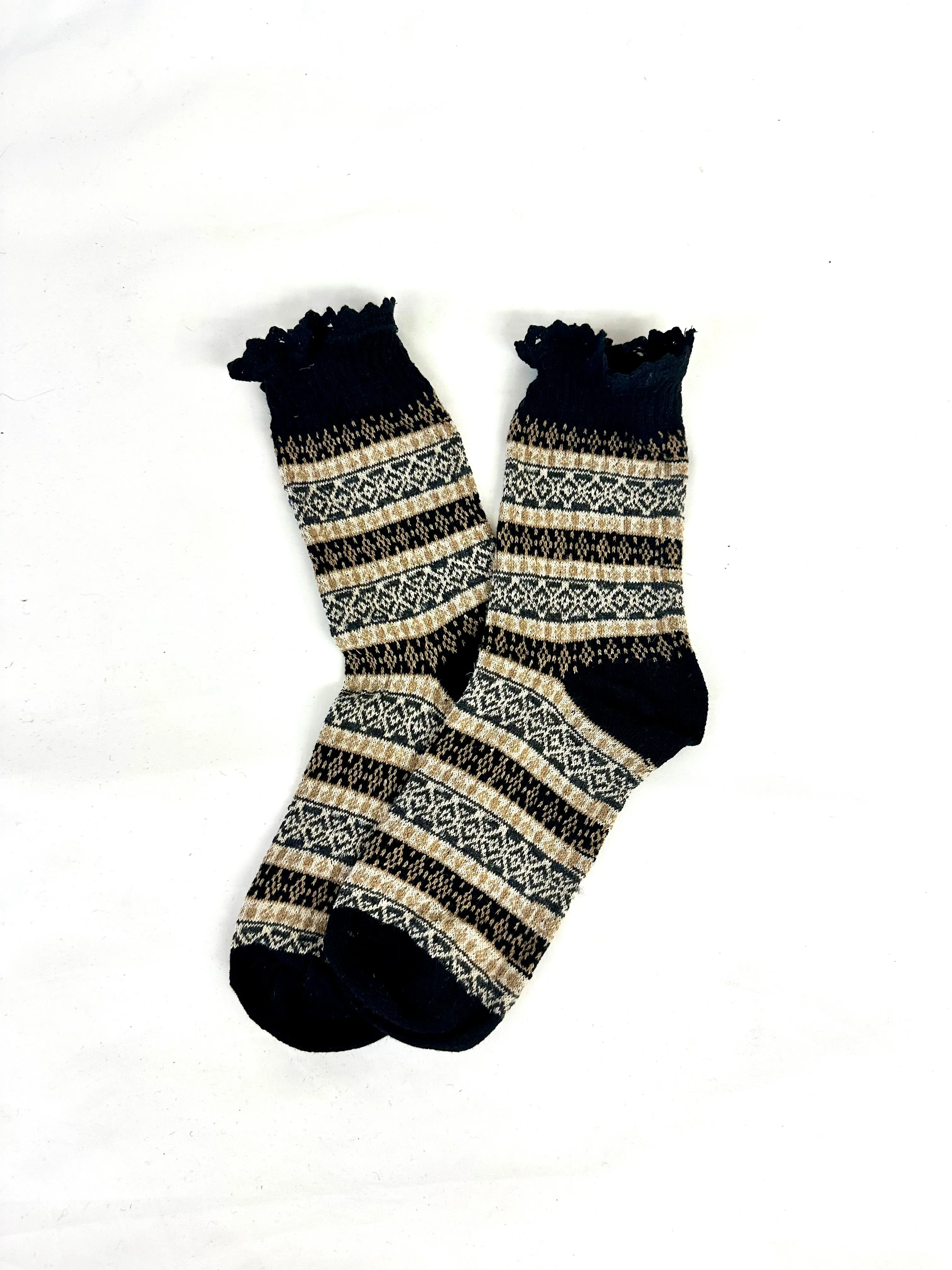 NORDIC design lace topped socks -black