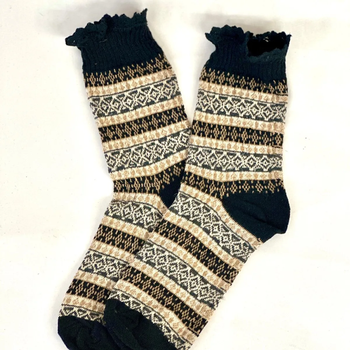 NORDIC design lace topped socks -black