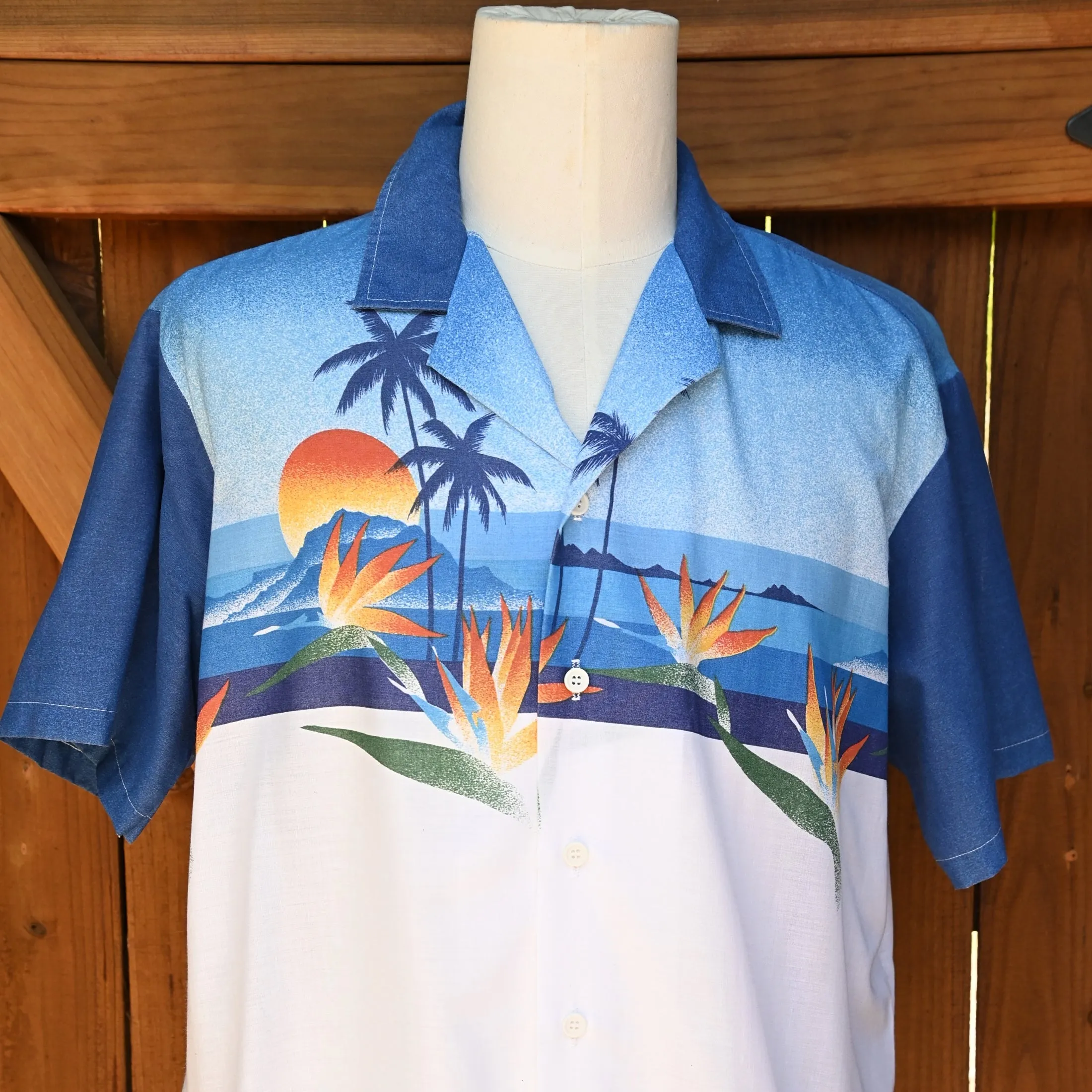 Oceanaire Vintage 70s Hawaiian Shirt, Bird of Paradise Palm Trees Sun Silhouette Aloha Shirt XL