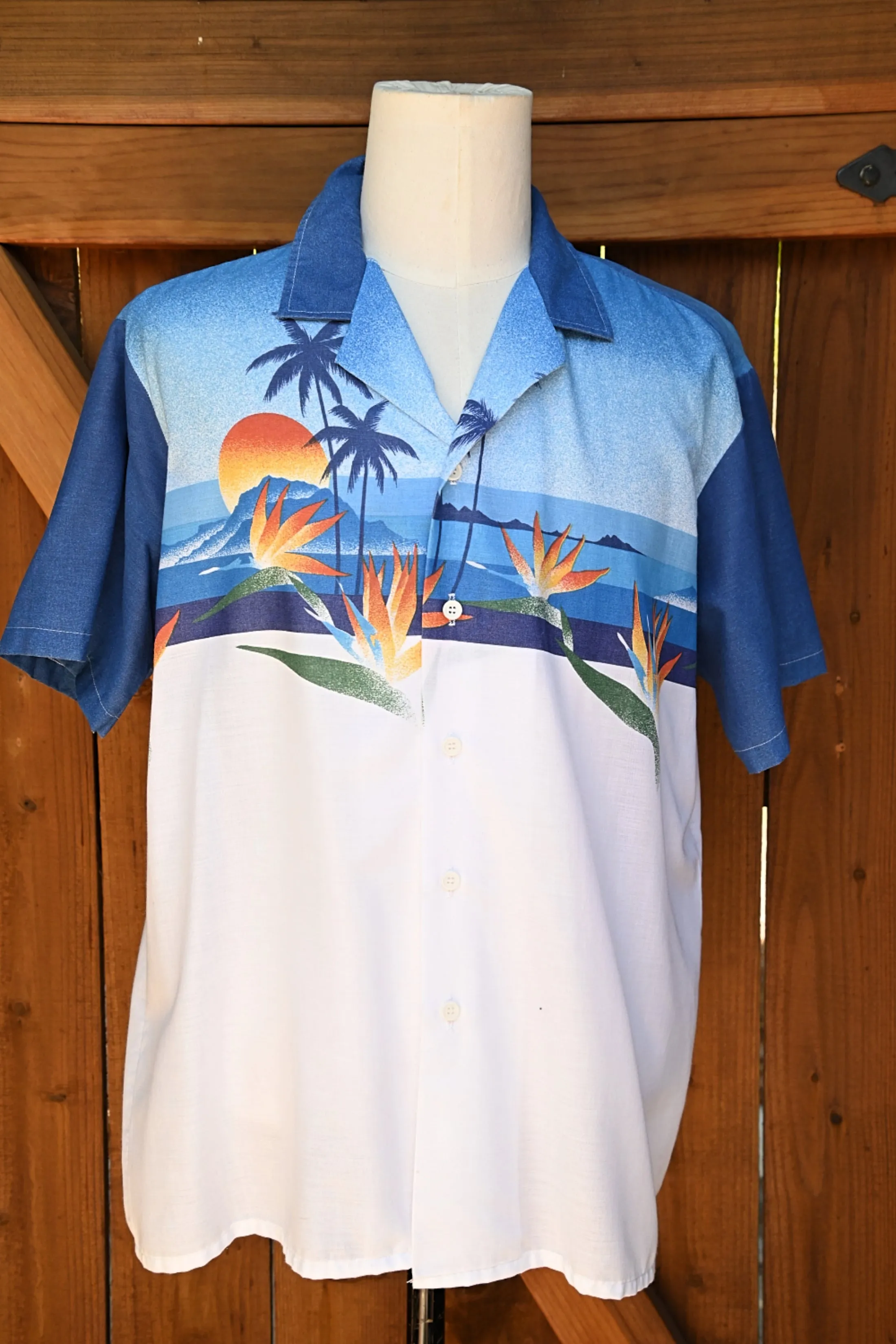 Oceanaire Vintage 70s Hawaiian Shirt, Bird of Paradise Palm Trees Sun Silhouette Aloha Shirt XL