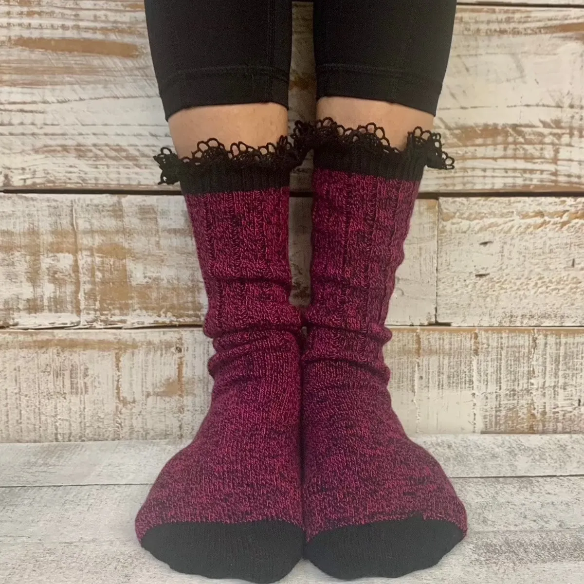 ORGANIC  lace boot crew socks - magenta  / black