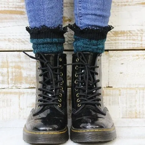 ORGANIC  lace boot crew socks - peacock  / black