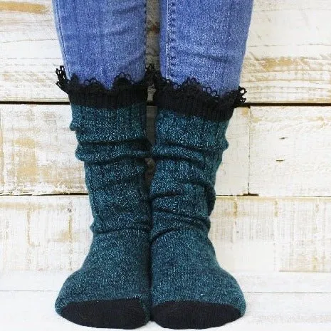 ORGANIC  lace boot crew socks - peacock  / black