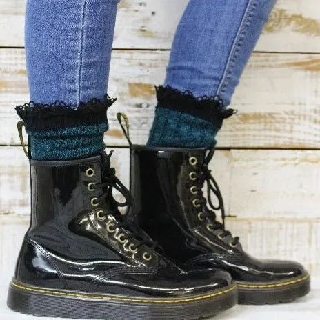 ORGANIC  lace boot crew socks - peacock  / black