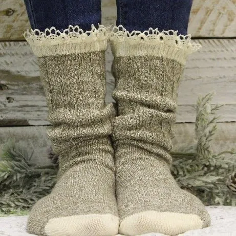 ORGANIC  lace boot crew socks - taupe