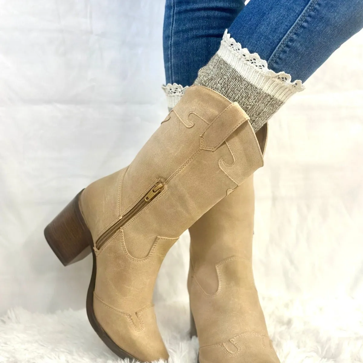 ORGANIC  lace boot socks TALL - taupe