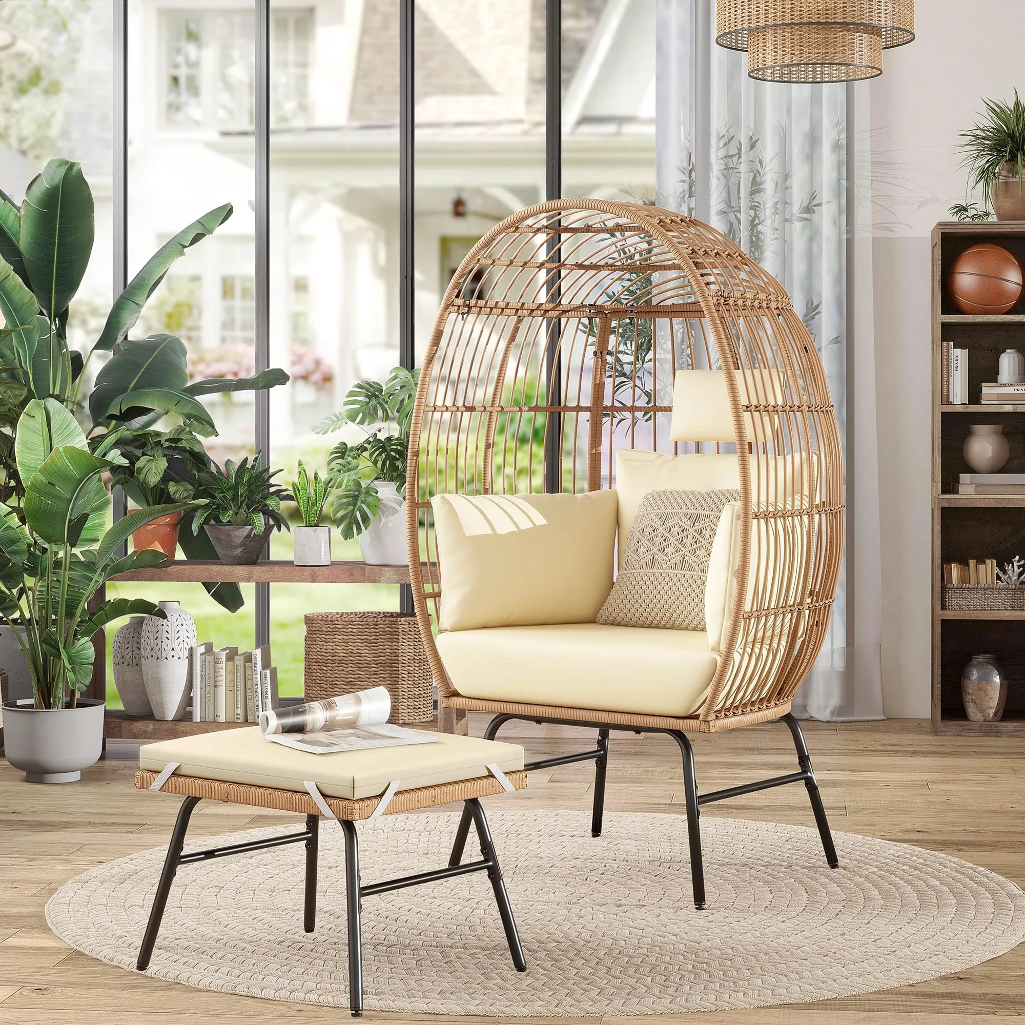 Outdoor Egg Chair with 2-in-1 Footrest, Patio Wicker Basket Chair with Ottoman, Indoor Egg Chairs with Cushion, Boho Cocoon Chair for Outside, Bedroom, Beige