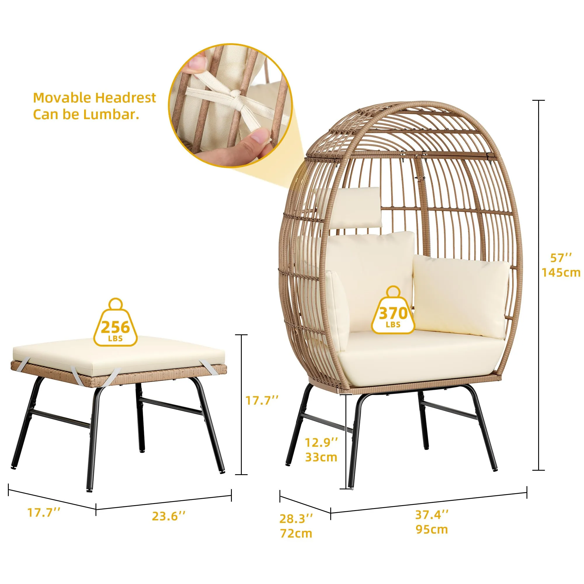 Outdoor Egg Chair with 2-in-1 Footrest, Patio Wicker Basket Chair with Ottoman, Indoor Egg Chairs with Cushion, Boho Cocoon Chair for Outside, Bedroom, Beige