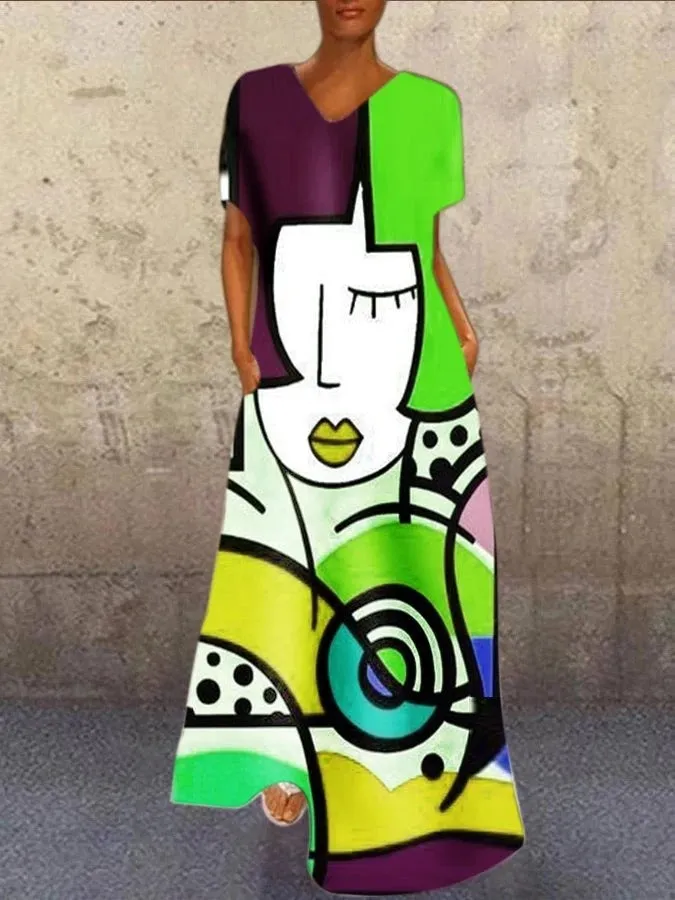 Picasso Face Print Dress, Boho Summer Dress For Women