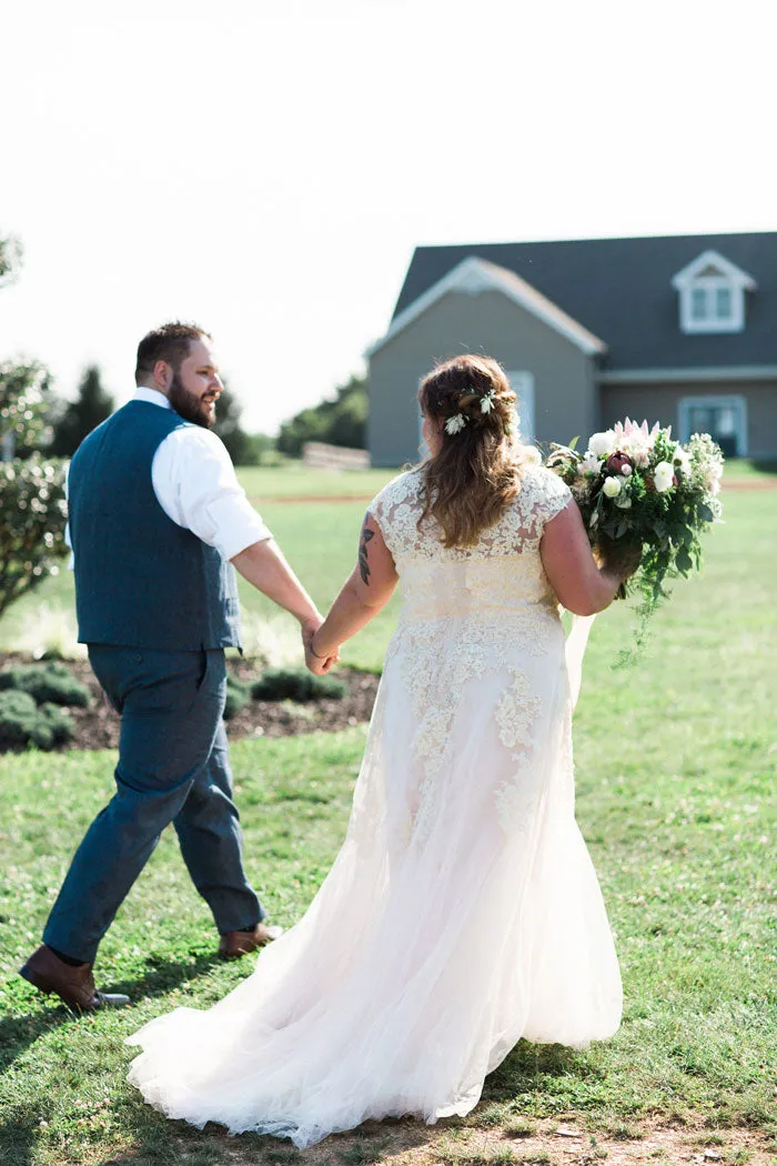 Plus Size Boho Lace Wedding Dress with Cap Sleeves | KORYNNE