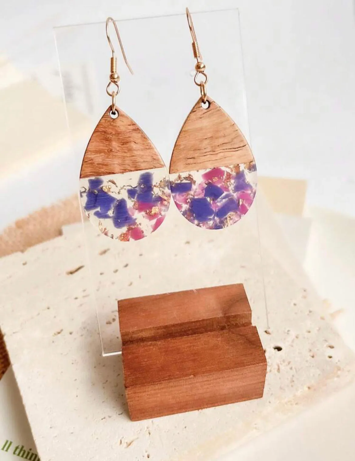 Purple and Pink Wooden Teardrop Earrings