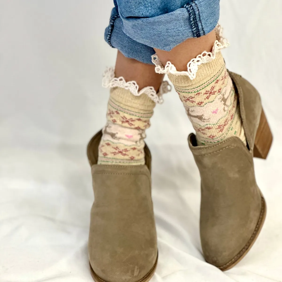 REINDEER patterned lace topped socks - beige