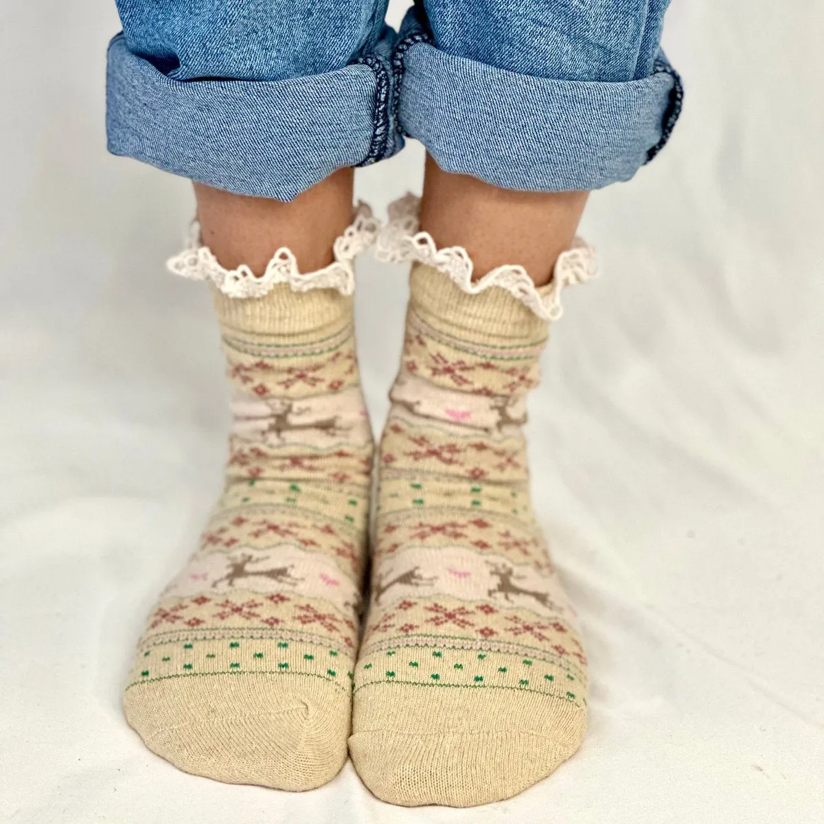 REINDEER patterned lace topped socks - beige