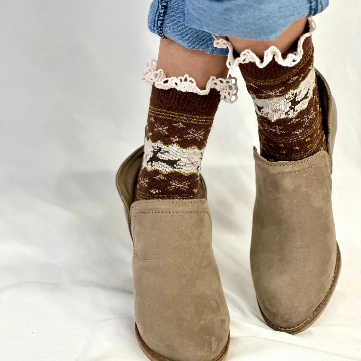 REINDEER patterned lace topped socks - brown